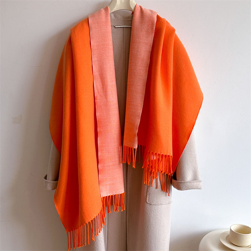 Simple solid color imitation cashmere scarf men's and women's winter thickened warm double-sided two-color versatile fringed shawl core-spun yarn