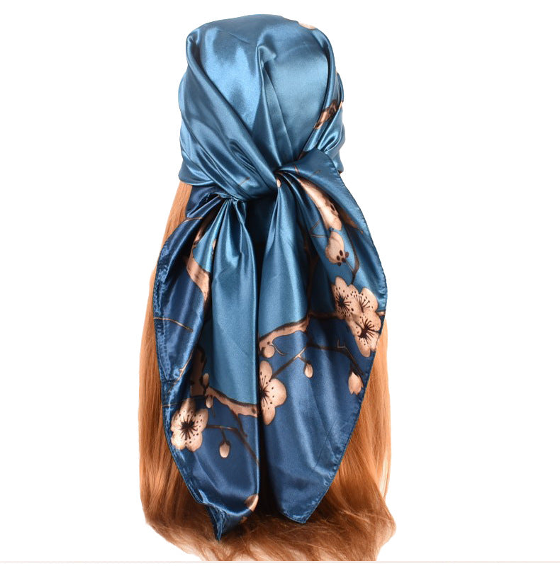 New sweet and fashionable plum blossom flower satin 90cm large square scarf women's silk scarf scarf