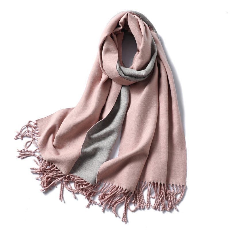 Simple solid color imitation cashmere scarf men's and women's winter thickened warm double-sided two-color versatile fringed shawl core-spun yarn