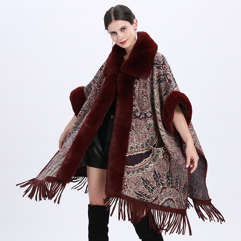 Europe, America, autumn and winter new jacquard fashion loose fur collar fringed cape shawl with large size woolen coat women