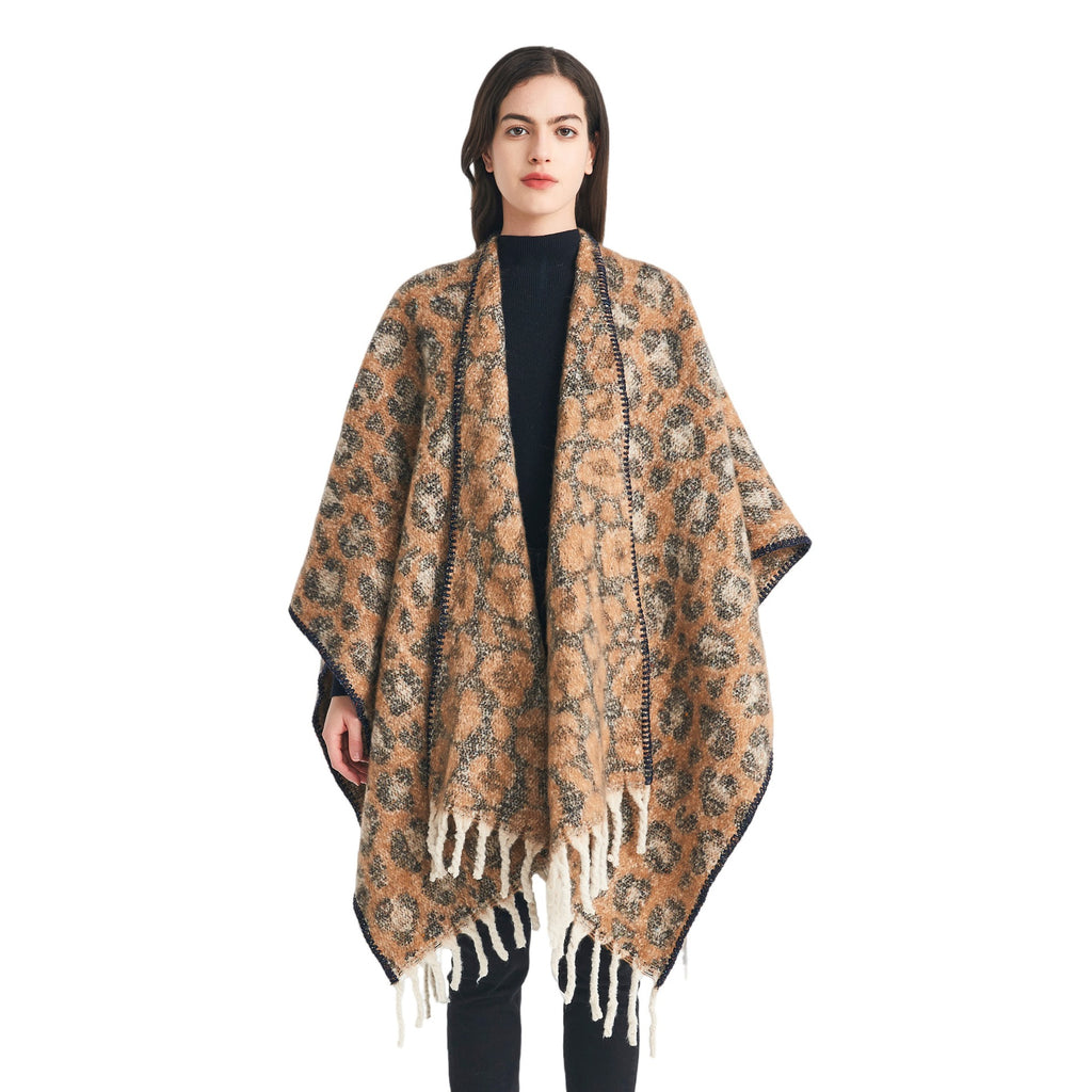 European, American autumn and winter circle yarn imitation mohair thickened jacquard leopard print fringed cross shawl