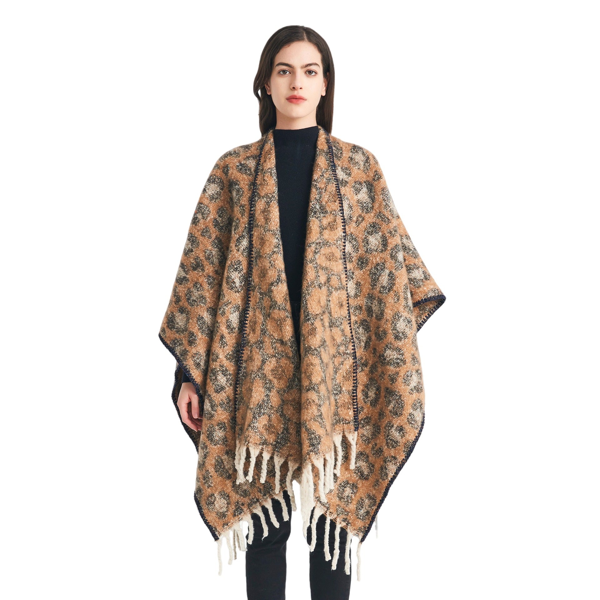 European, American autumn and winter circle yarn imitation mohair thickened jacquard leopard print fringed cross shawl