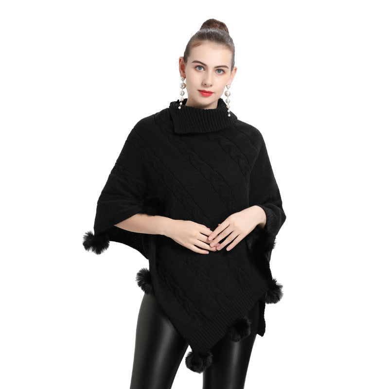 Hot European and Korean autumn and winter new loose jacquard hairball pullover knitted sweater cape shawl 0937 #