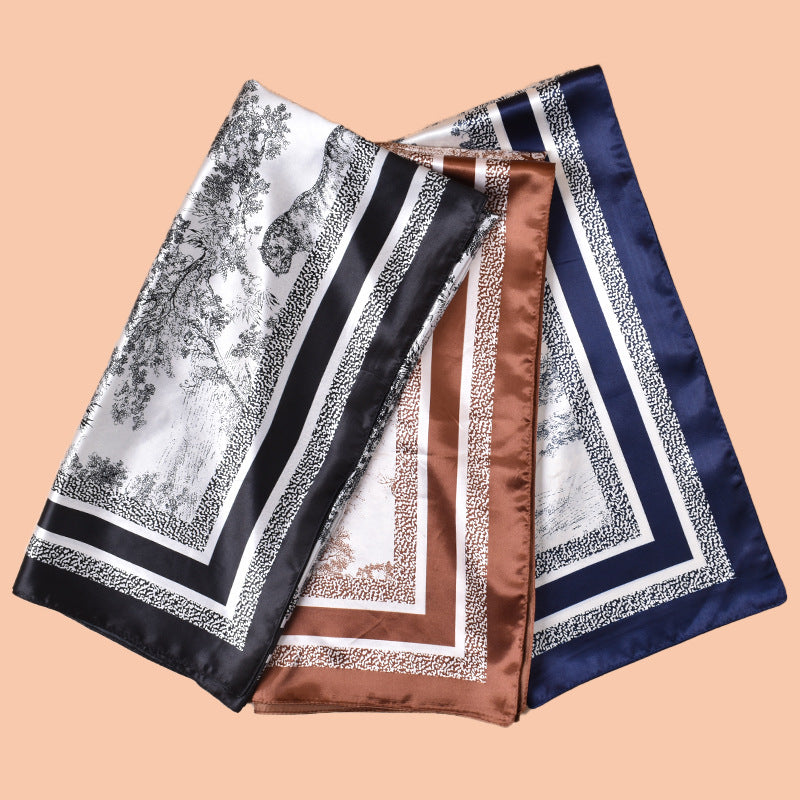2025 spring and summer ink painting printing versatile decorative scarf headscarf silk scarf 90 high-quality satin square scarf
