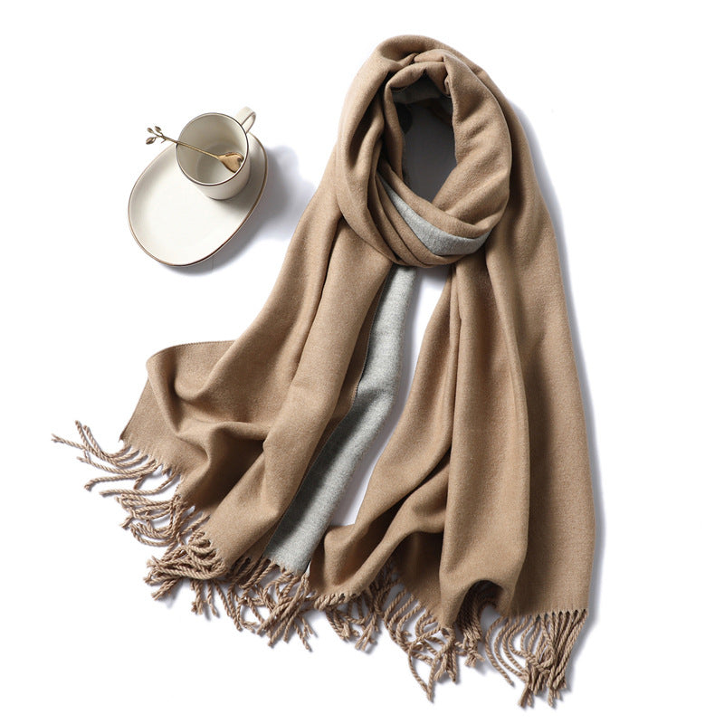 Simple solid color imitation cashmere scarf men's and women's winter thickened warm double-sided two-color versatile fringed shawl core-spun yarn