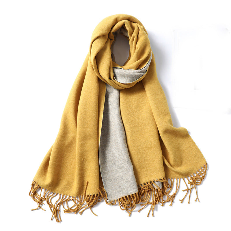 Simple solid color imitation cashmere scarf men's and women's winter thickened warm double-sided two-color versatile fringed shawl core-spun yarn