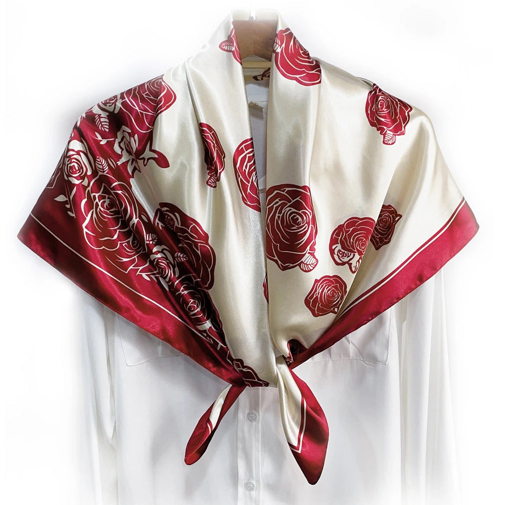 Elegant temperament women's decorative scarf, imitation silk satin plant flower flower printed silk scarf, bag head square scarf
