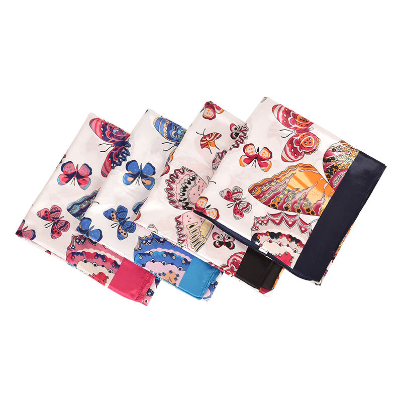 New butterfly Feifei high-quality satin large square scarf silk scarf, fashionable European and American imitation silk printing circumference