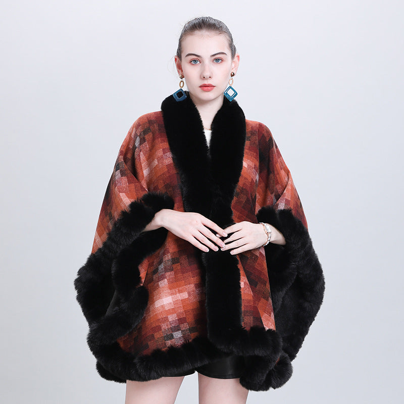 European and Korean autumn and winter fashion new scarf shawl plaid plush thickened fur collar shawl cape 0987