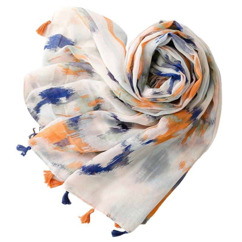 Thin Cotton Viscose gradual change ink painting cotton and linen feel tassel shawl travel accessories