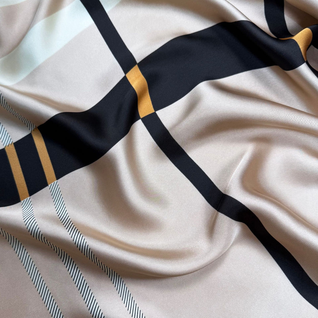 Simple and versatile geometric lines plaid damask printed silk scarf, new women's sunscreen shawl in spring, summer and autumn