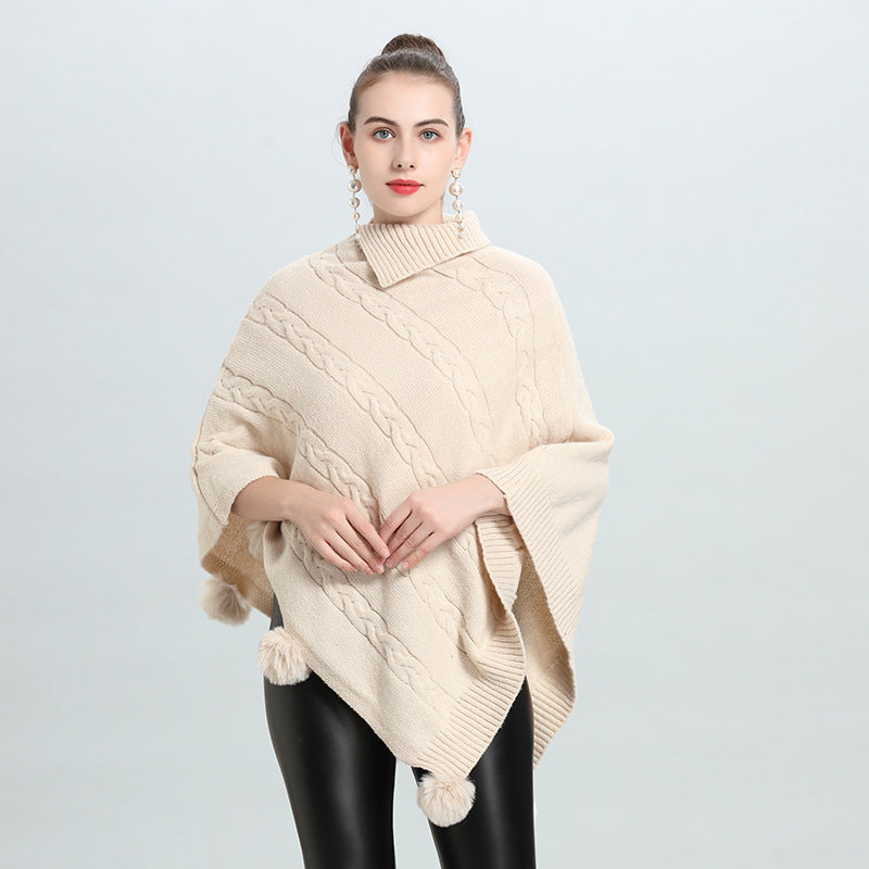 Hot European and Korean autumn and winter new loose jacquard hairball pullover knitted sweater cape shawl 0937 #