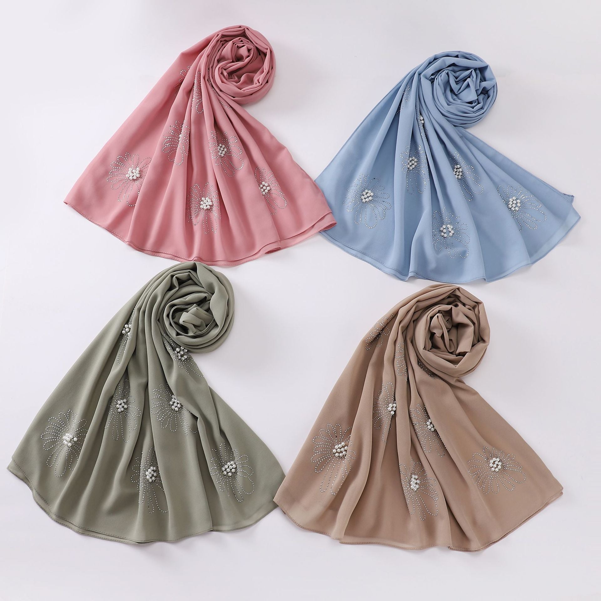 New pearl chiffon single-headed flower hot diamond bead scarf, gauze, Middle East and Africa, headscarf hijab.