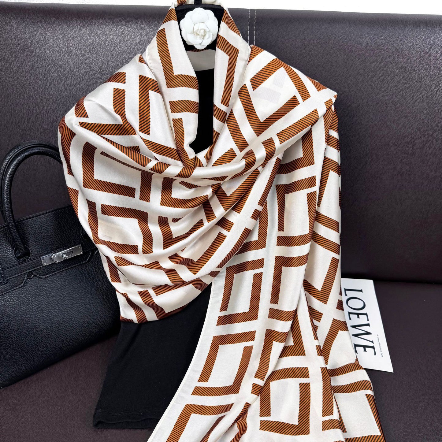 Simple classic black and white square simulation silk long silk scarf, Korean version of fashionable and versatile outer shawl, women's scarf headscarf