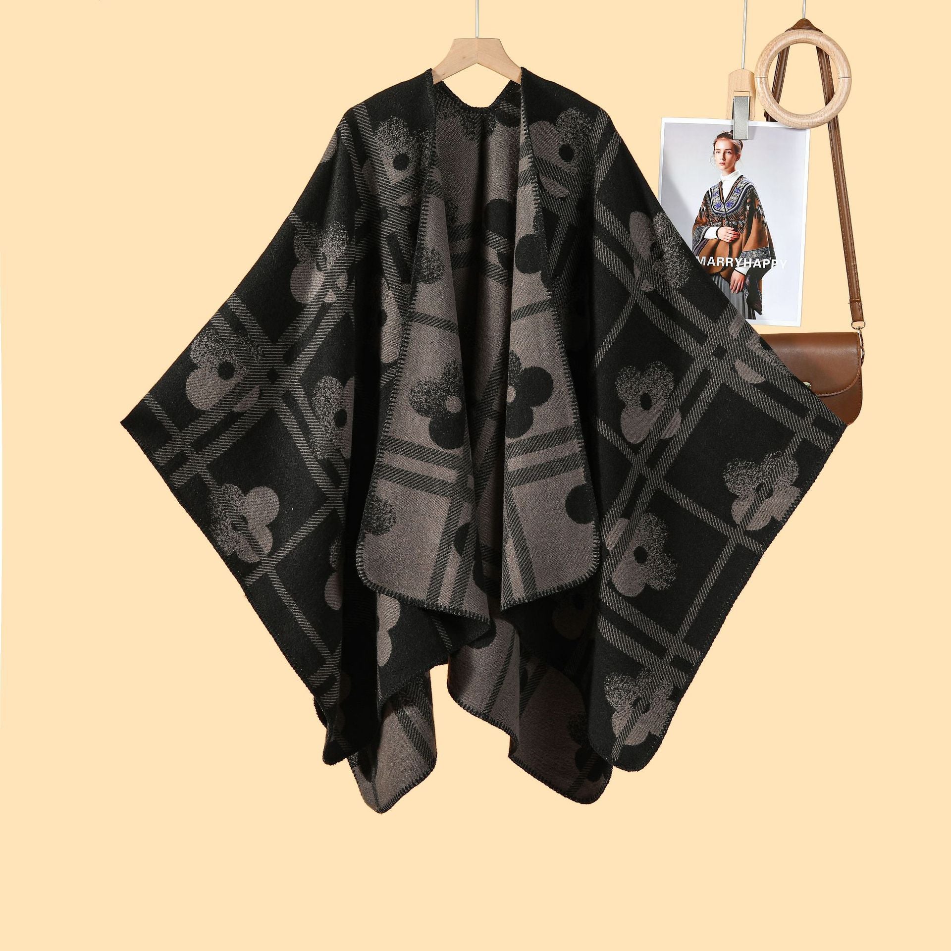 Autumn and winter new plaid plum blossom thickened warm shawl cape women's European and American street fashion catwalk outside cardigan