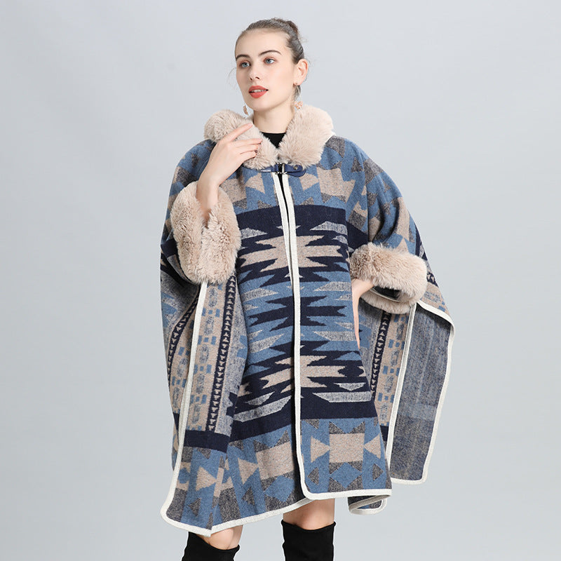 European and American autumn and winter new large size loose cloak imitation fur collar jacquard knitted cardigan shawl cloak jacket 0967 #