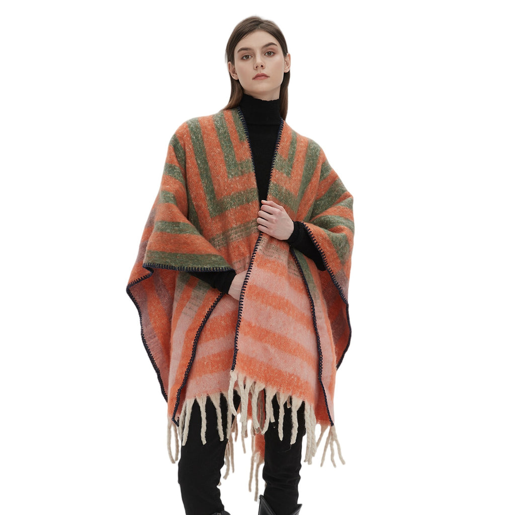 2025 new European and American autumn and winter circle yarn imitation mohair thickened jacquard striped shawl