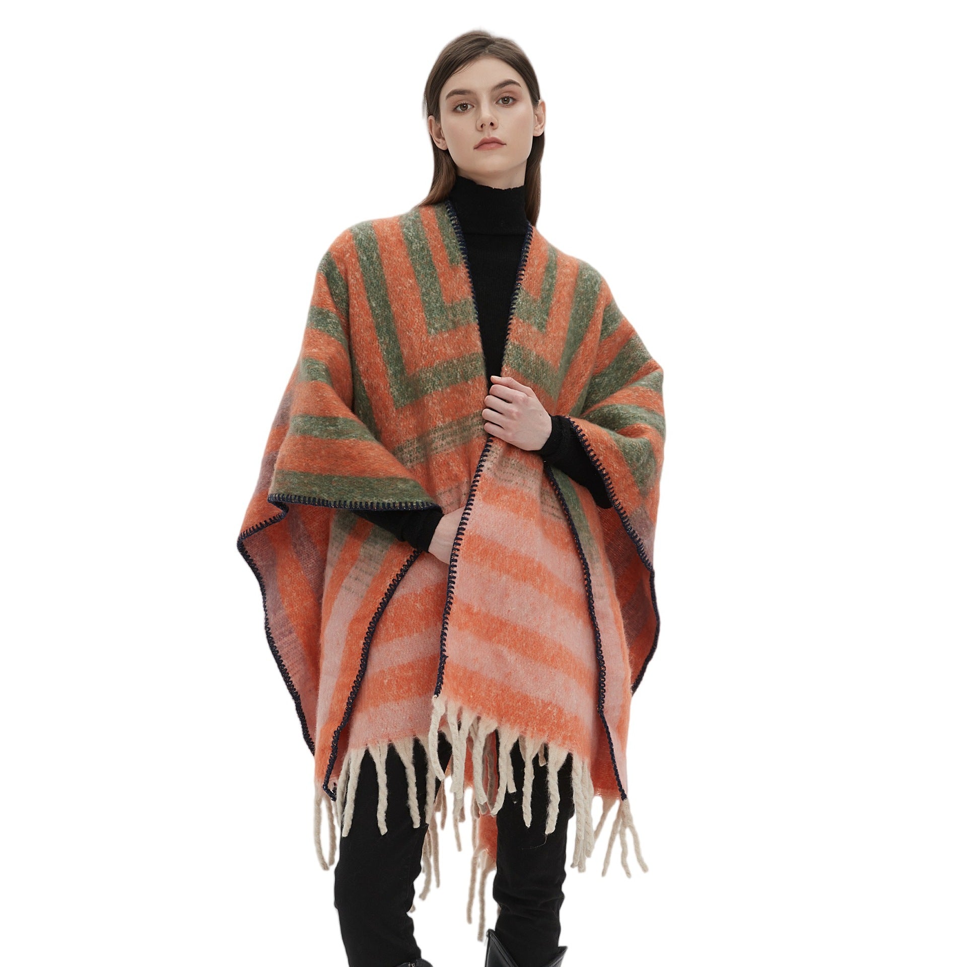 2025 new European and American autumn and winter circle yarn imitation mohair thickened jacquard striped shawl