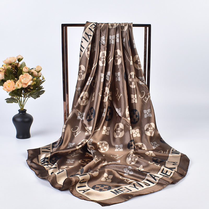 New stylish and elegant round letter edge pattern printing 90 satin large square towel headscarf