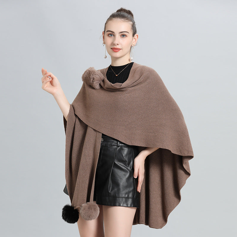 Europe, America autumn and winter new hairball knitted cardigan multi-purpose shawl top women's large size coat 0971