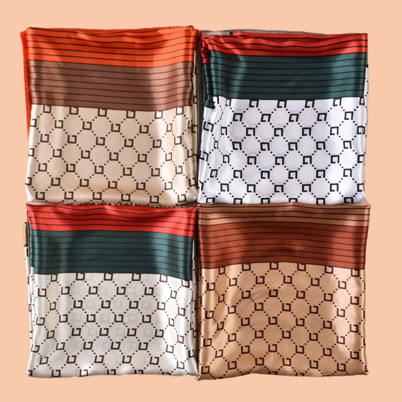 2025 new 90cm-satin geometric line plaid printing square scarf with sunscreen, bag head silk scarf decoration, scarf