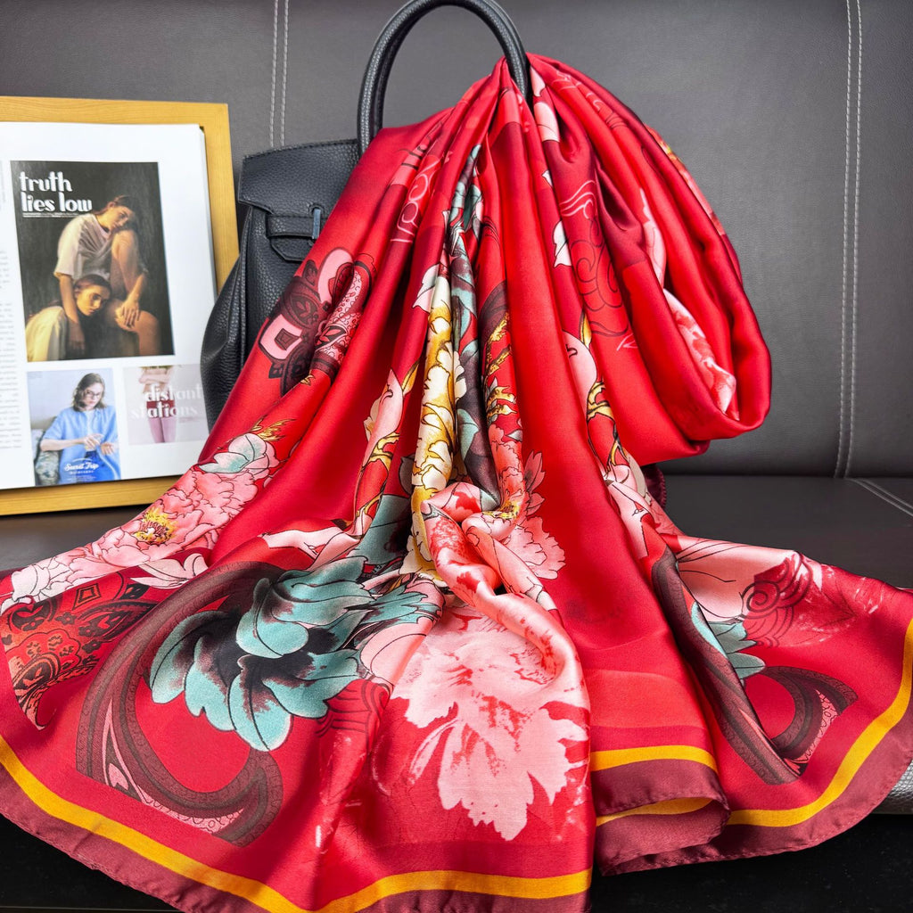 Retro ethnic style plant national flower simulation silk long silk scarf, positive red, simple and elegant temperament women's outer shawl souvenir