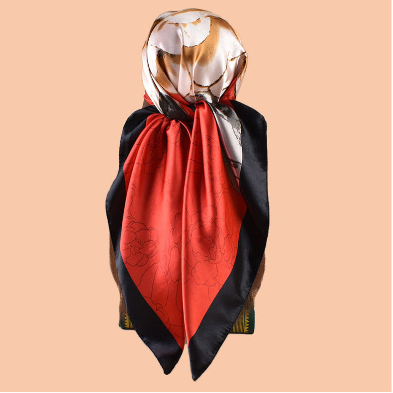 2025 new 90cm-color bud plain and elegant camellia printed square scarf with sunscreen bag head silk scarf decorative scarf