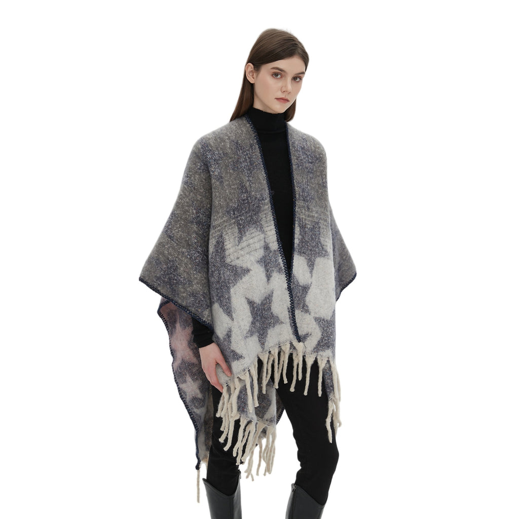 2025 new European and American autumn and winter imitation mohair double-sided thickened jacquard five-pointed star cross shawl