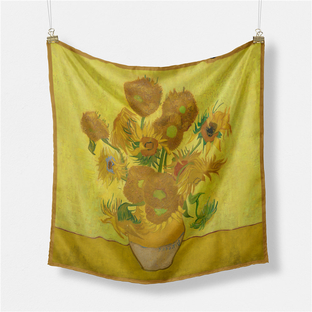 Fashion Van Gogh art oil painting 53cm small square scarf, twill silk imitation silk women's scarf, headband