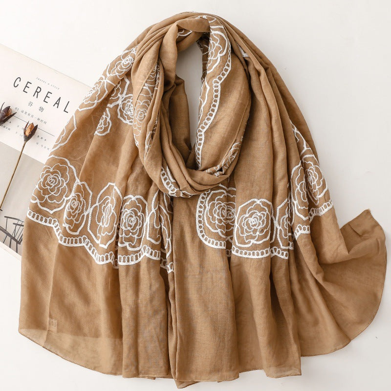 Solid color ethnic style embroidery embroidered scarf rose silk scarf travel shawl