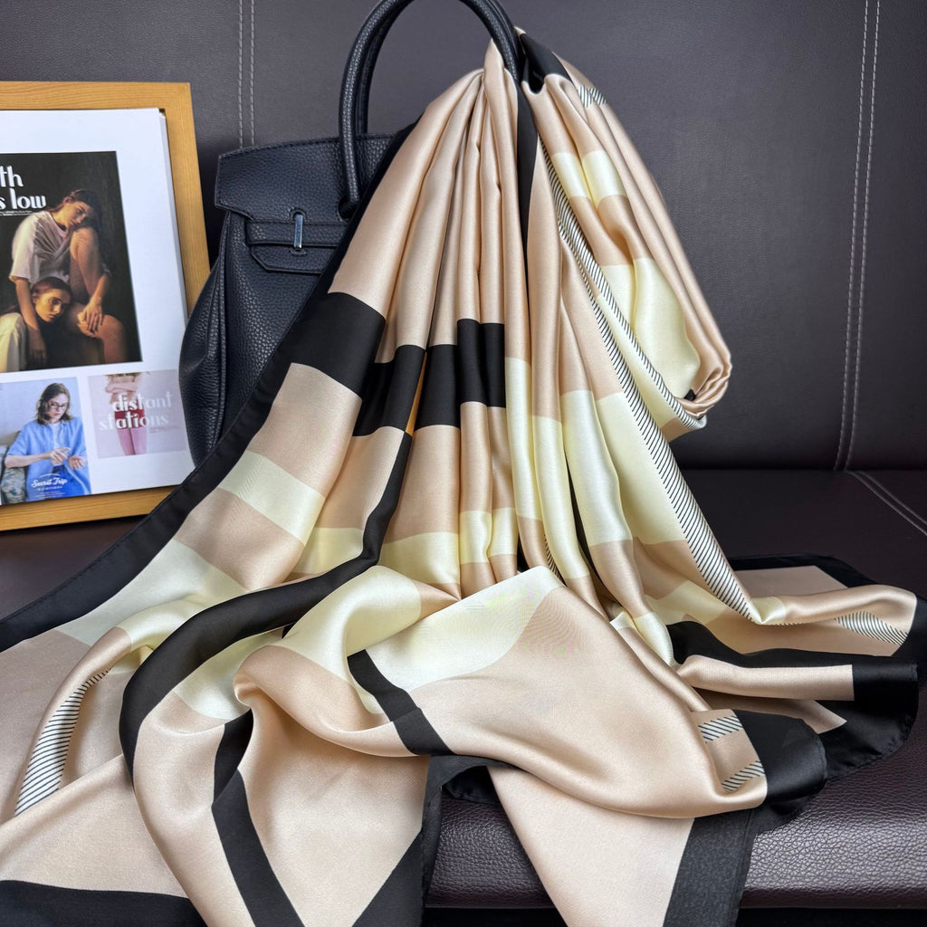 Simple and versatile geometric lines plaid damask printed silk scarf, new women's sunscreen shawl in spring, summer and autumn