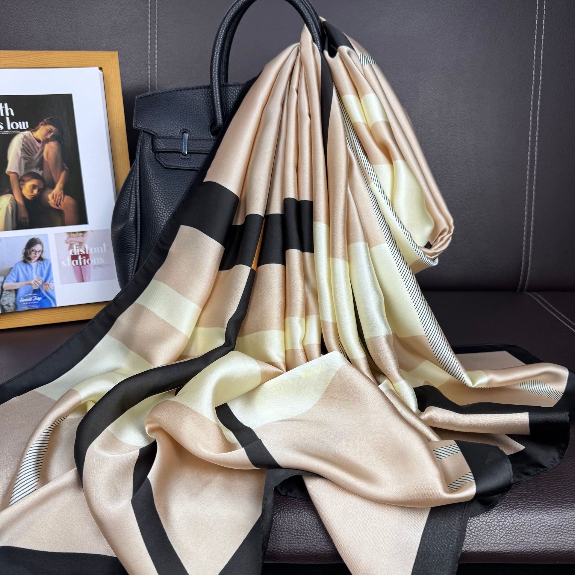 Simple and versatile geometric lines plaid damask printed silk scarf, new women's sunscreen shawl in spring, summer and autumn