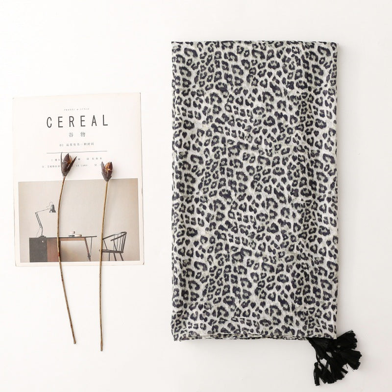 cotton and linen feel scarf leopard print fringed travel sunscreen silk scarf seaside vacation shawl women