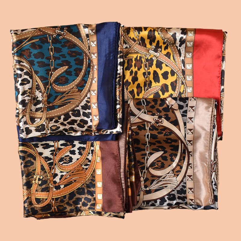 2025 new 90cm-color diced leopard print belt chain printed square scarf with sunscreen, bag head silk scarf decoration, scarf