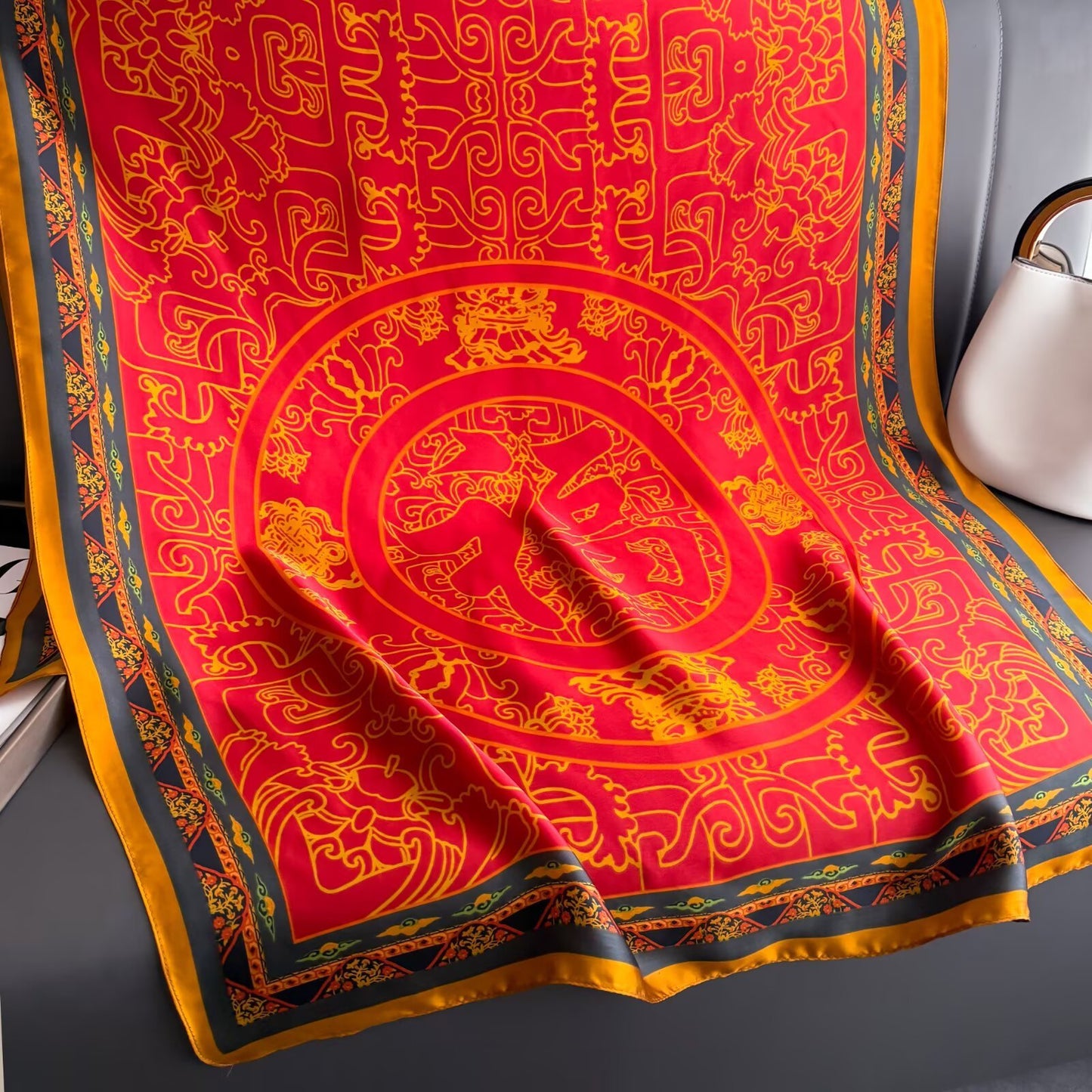 Retro ethnic style blessing character printing long silk scarf, simple and elegant temperament women's outer shawl, hand-in-hand gift silk scarf