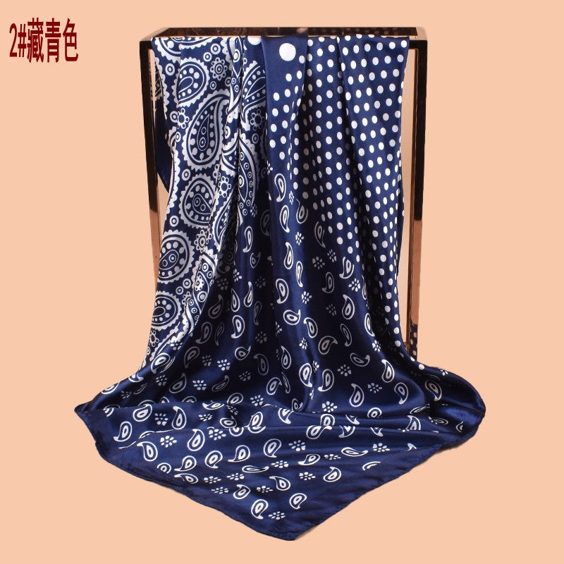 2025 new 90cm-satin size polka dot cashew flower printing square scarf with sunscreen, bag head silk scarf decoration