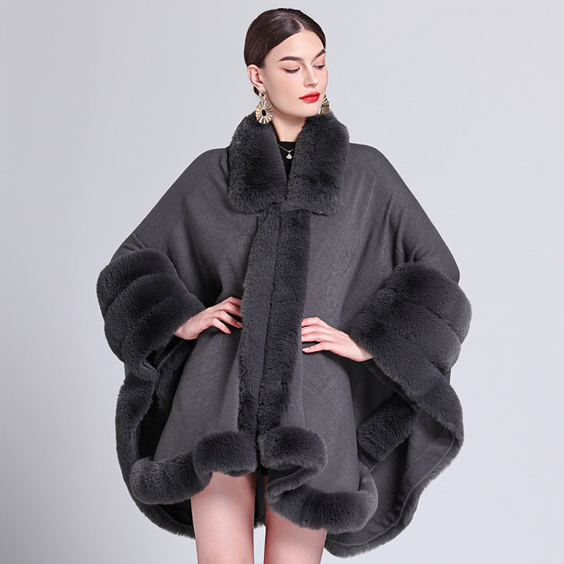 European and American autumn and winter new knitted fur collar loose cape shawl cape with medium and long imitation fur coat women
