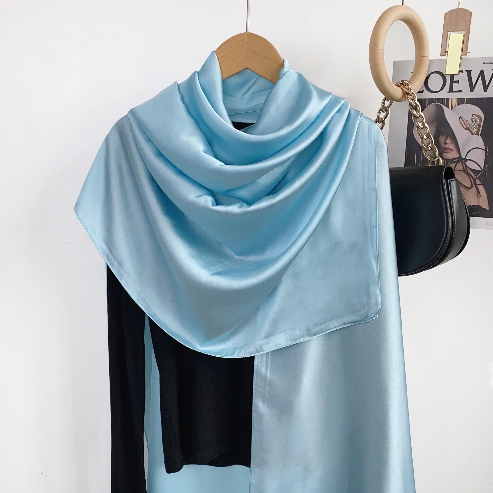 Simple and versatile monochrome solid color new silk satin long silk scarf headscarf, elegant temperament women's vacation shawl