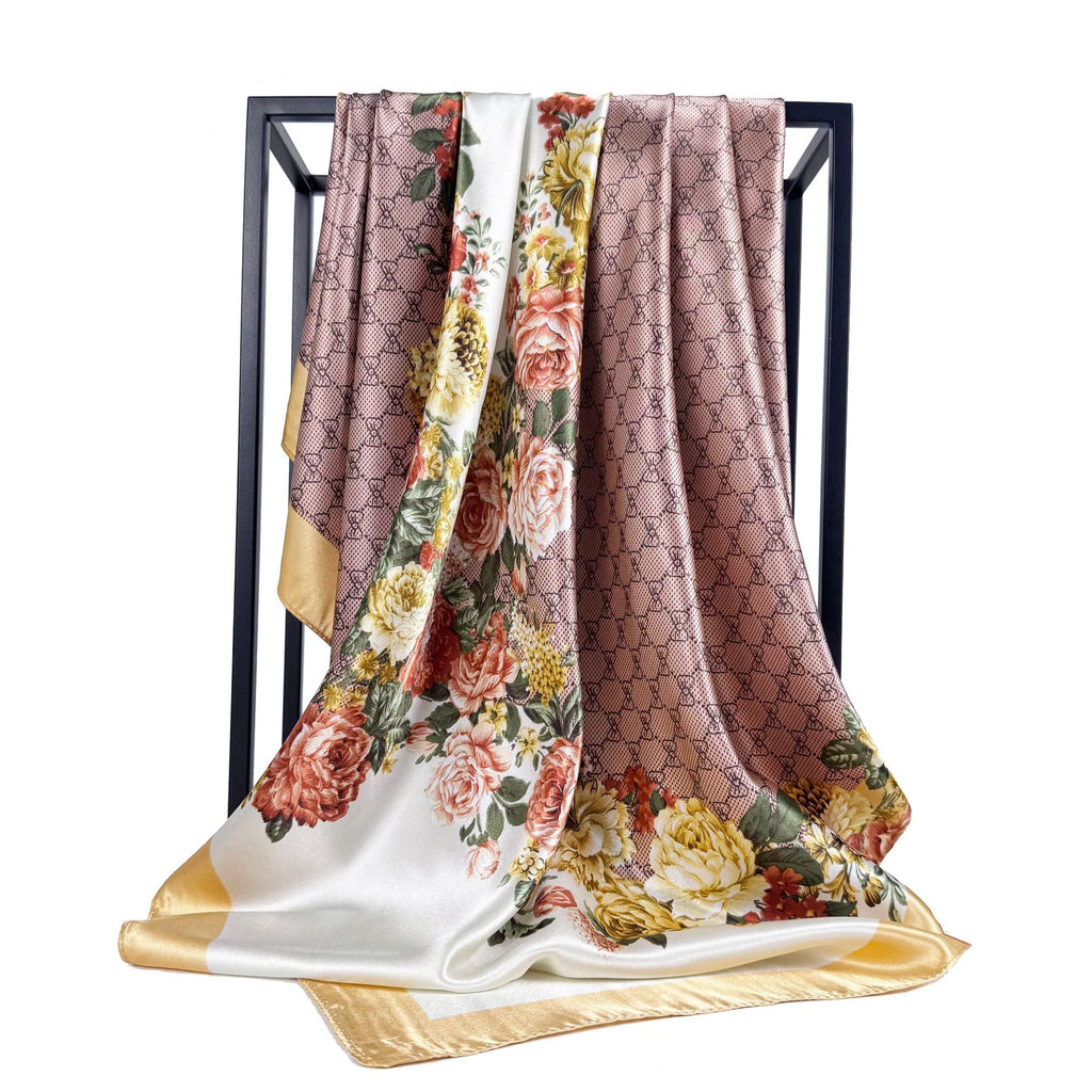 Temperament simple and elegant bow flower print silk scarf 90cm square scarf, Indonesian national bag head scarf scarf scarf
