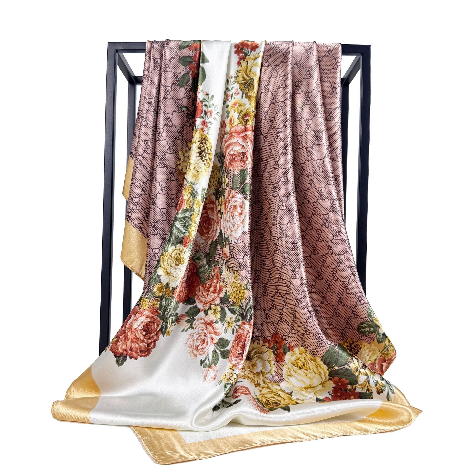 Temperament simple and elegant bow flower print silk scarf 90cm square scarf, Indonesian national bag head scarf scarf scarf