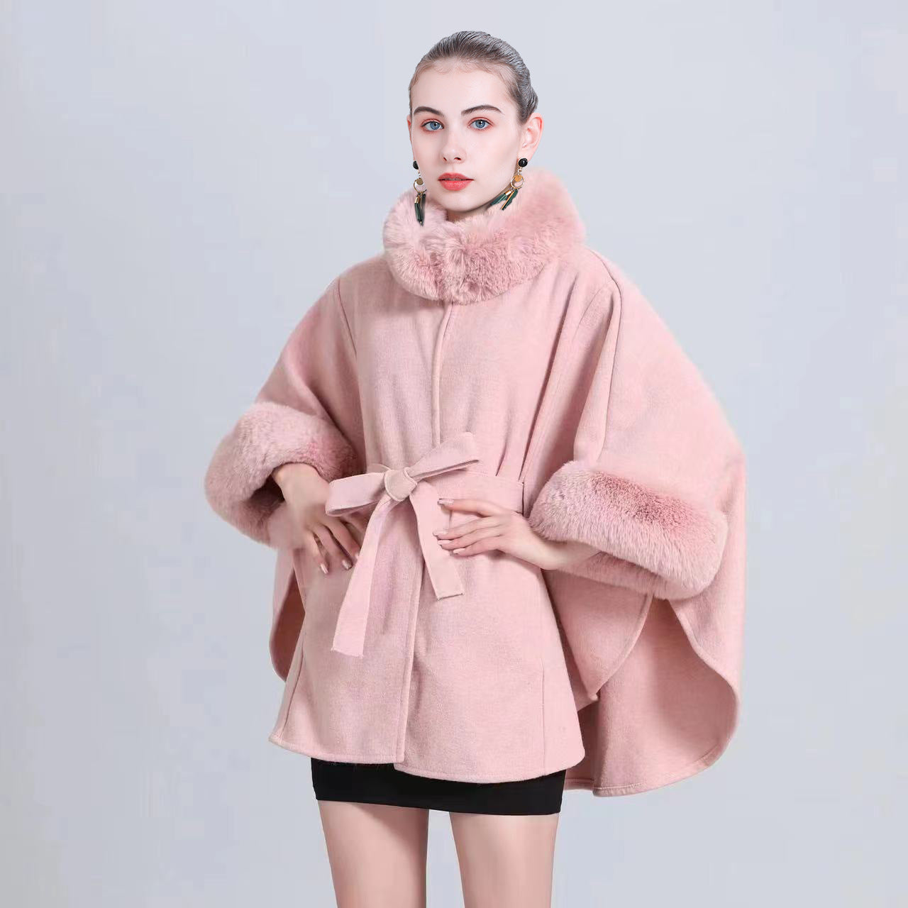 beige autumn and winter fur collar lace-up knitted cardigan cape loose woolen jacket Q1000 #
