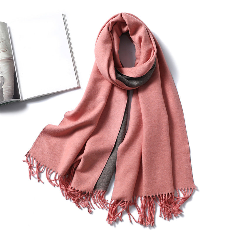 Simple solid color imitation cashmere scarf men's and women's winter thickened warm double-sided two-color versatile fringed shawl core-spun yarn