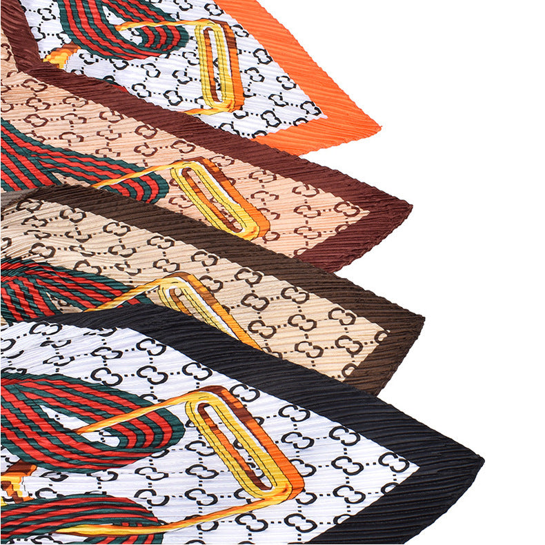 New French chain ring pattern printed pleated 90-color large square towel, head towel simulation silk