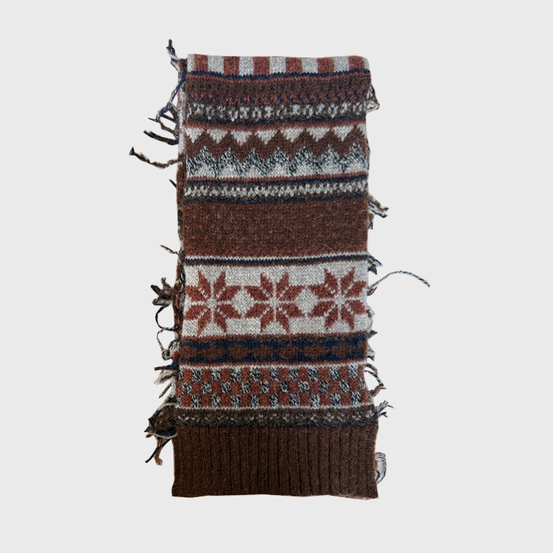 Designer 50% wool blended Fair Island jacquard rough edge knitted scarf women's winter vintage wool scarf
