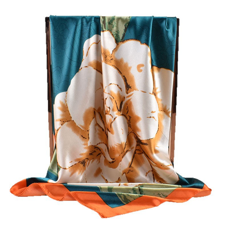 2025 new 90cm-color bud plain and elegant camellia printed square scarf with sunscreen bag head silk scarf decorative scarf