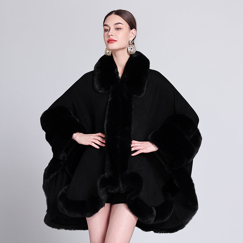 European and American autumn and winter new knitted fur collar loose cape shawl cape with medium and long imitation fur coat women
