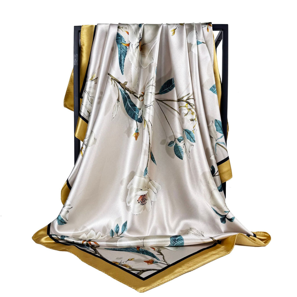 Elegant temperament women's decorative scarf, imitation silk satin plant flower flower printed silk scarf, bag head square scarf