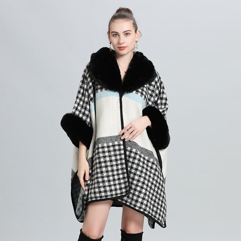 Autumn and winter new cape large size loose imitation fur collar jacquard knitted cardigan cape shawl woolen coat 0965 #