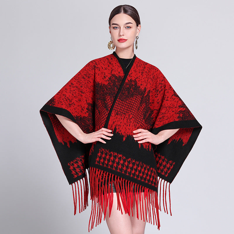 Autumn and winter Internet celebrities new plaid shawl with temperament fringed shawl cape cape retro scarf coat women