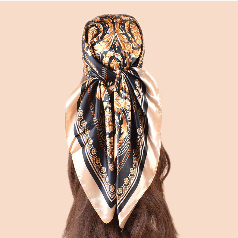 Spring new fashionable versatile large shawl imitation silk retro totem printed silk scarf head scarf 90 satin square scarf
